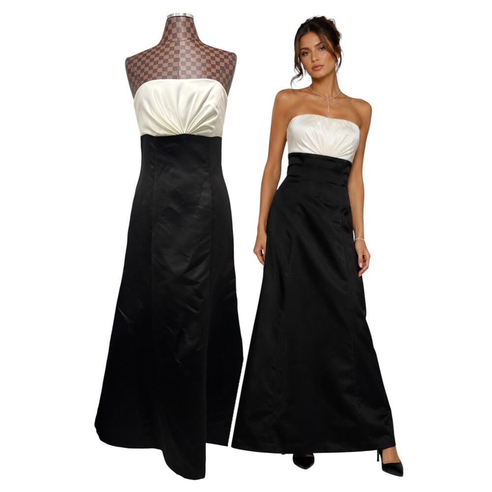 Dessy Collection 2726 Y2K Strapless Duchess Satin Gown Black Ivory Sz 8 SAMPLE